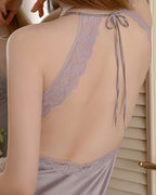 Darette First Light slip in Mauve - open back with lace halter straps tied in a bow at the neck