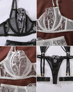 Darette Full Bloom Embroidered Set - detail collage of embroidered mesh in Noir and Ivory