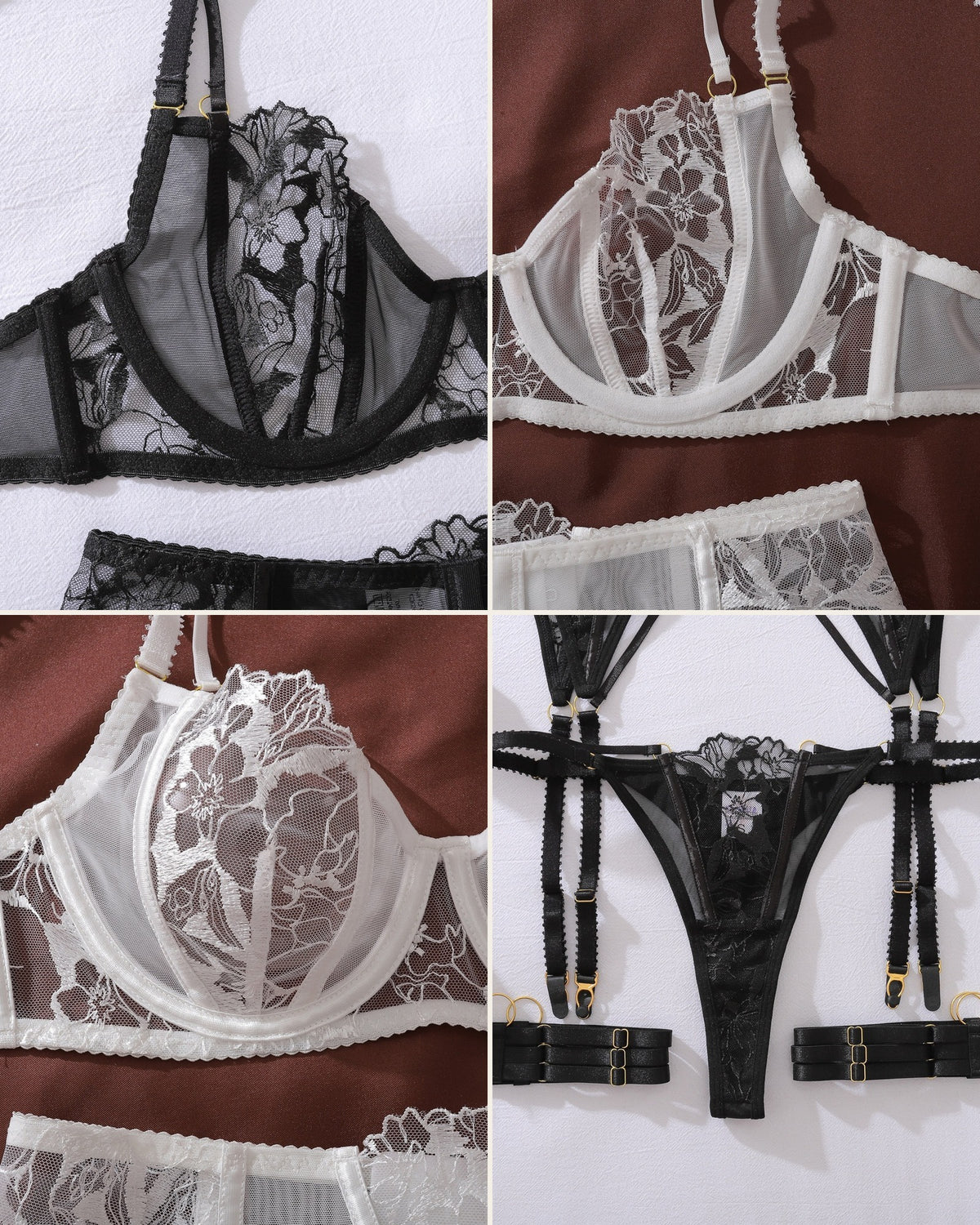 Darette Full Bloom Embroidered Set - detail collage of embroidered mesh in Noir and Ivory