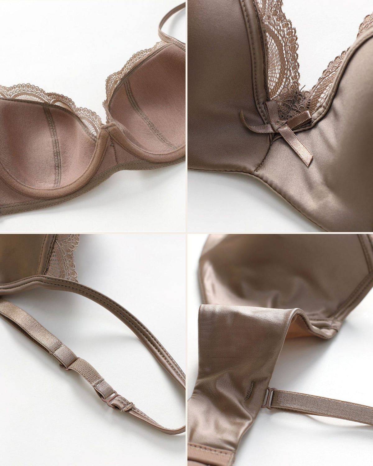 Darette Golden Hour Satin-Lace Set in Mocha - collage of the lace cup, bow, and adjustable strap details