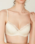Close-up of the Darette Golden Hour Satin-Lace Set in Ivory - lace-trimmed bra neckline