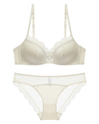 Darette Golden Hour Satin-Lace Set in Ivory - satin bra and lace-trimmed panty laid flat, front detail