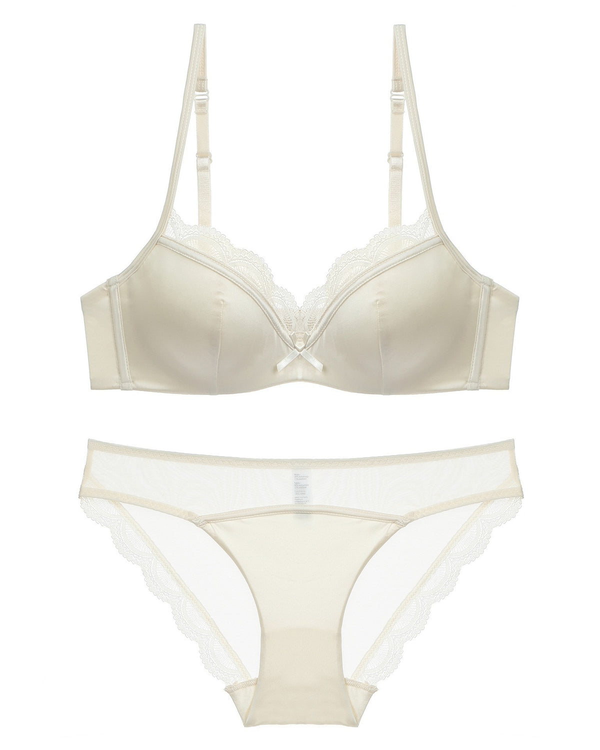 Darette Golden Hour Satin-Lace Set in Ivory - satin bra and lace-trimmed panty laid flat, front detail