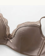 Close-up of the Darette Golden Hour Satin-Lace Set in Mocha - satin bra cup with scalloped lace trim