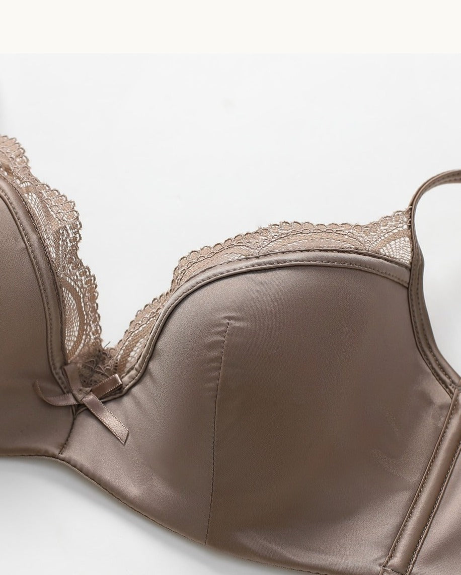 Close-up of the Darette Golden Hour Satin-Lace Set in Mocha - satin bra cup with scalloped lace trim