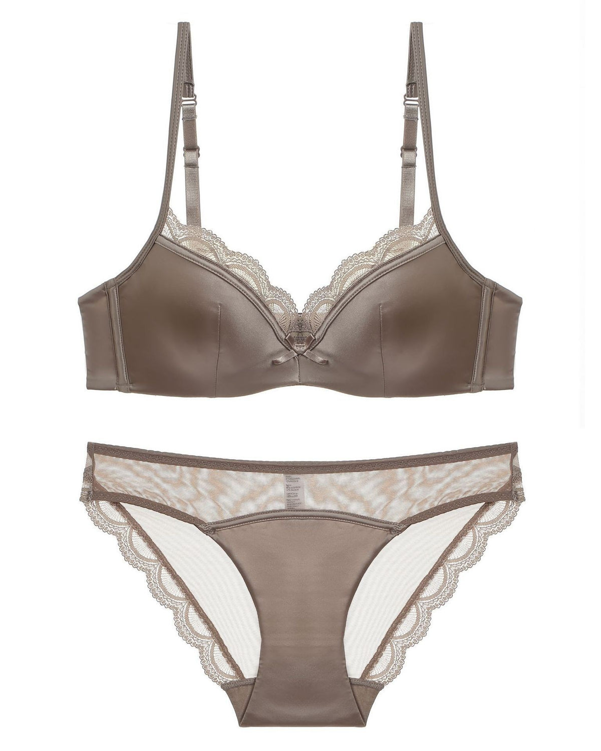 Darette Golden Hour Satin-Lace Set in Mocha - satin bra and lace-trimmed panty laid flat, front detail