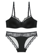 Darette Golden Hour Satin-Lace Set in Noir - satin bra and lace-trimmed panty laid flat, front detail