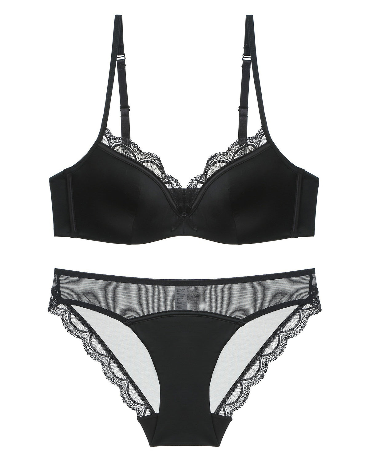 Darette Golden Hour Satin-Lace Set in Noir - satin bra and lace-trimmed panty laid flat, front detail