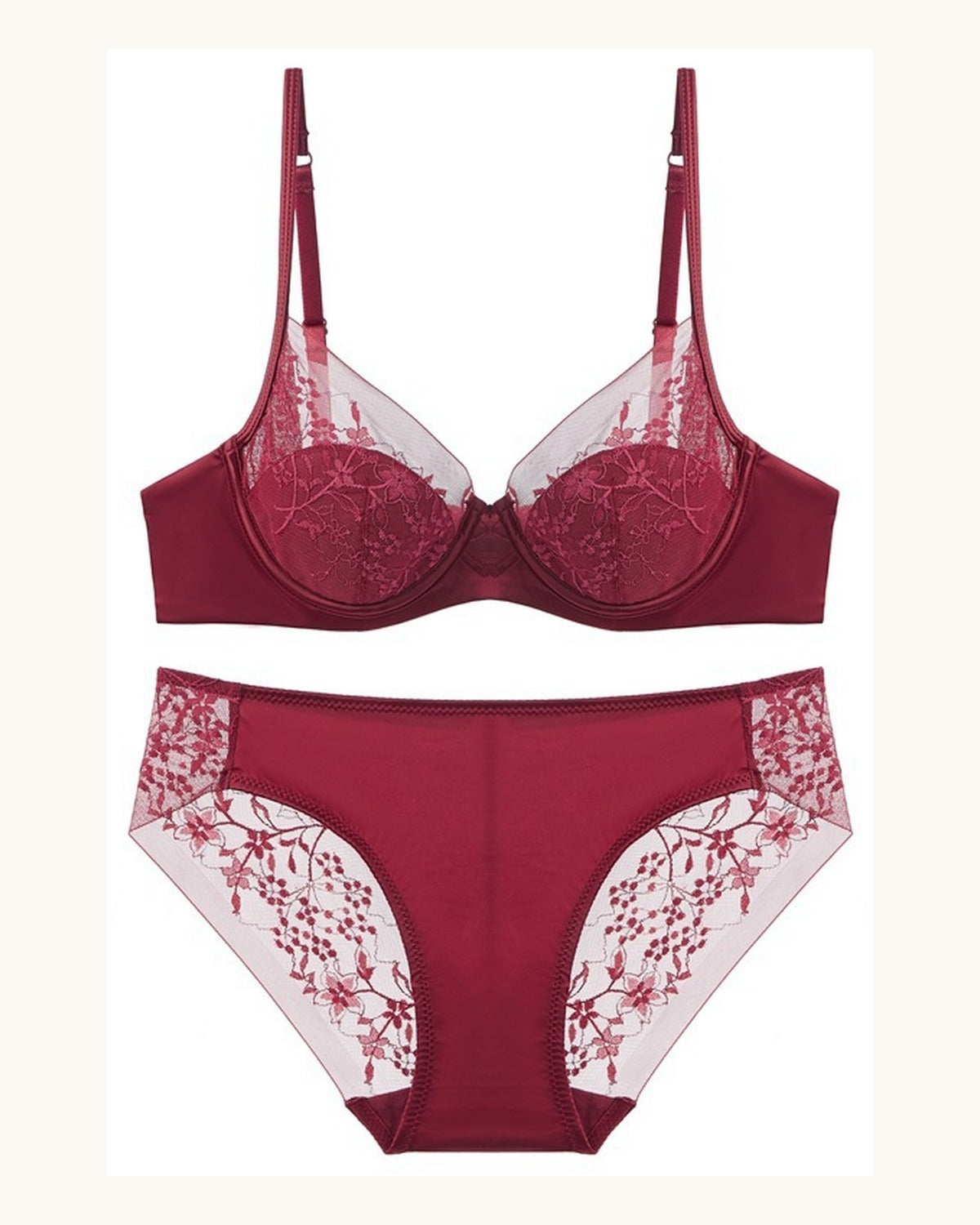 Darette Good Habit Lace Set and panty in Bordeaux shown as a cut-out product pairing