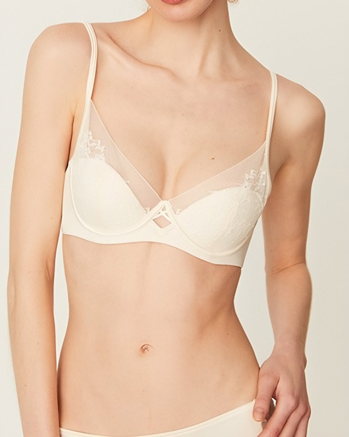Darette Good Habit Lace Set in Champagne - front close-up showing sheer lace cups
