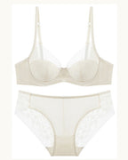 Darette Good Habit Lace Set and panty in Champagne shown as a cut-out product pairing