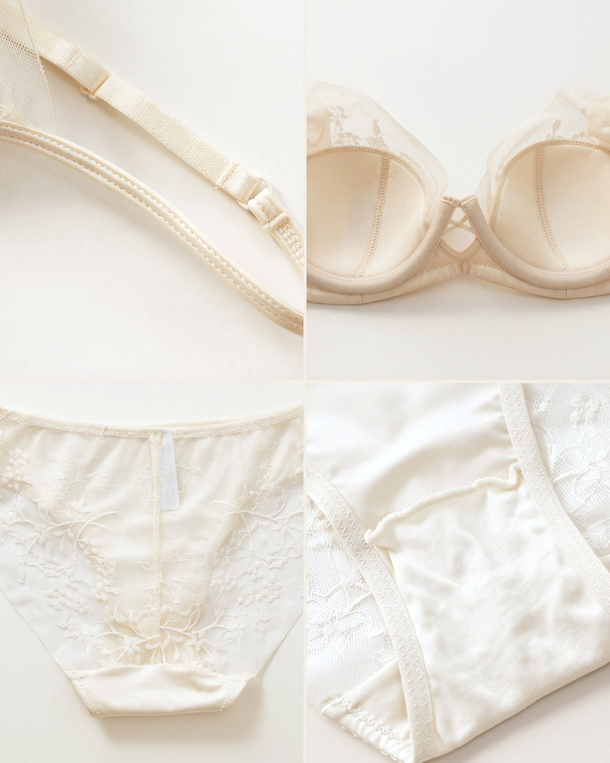 Darette Good Habit Lace Set in Champagne - detail collage of straps and lace-trimmed panties
