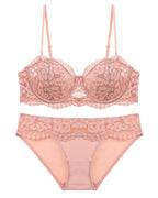 Darette Half Truth Half-Cup Set in Blush - product flat lay of the lace bra and matching briefs