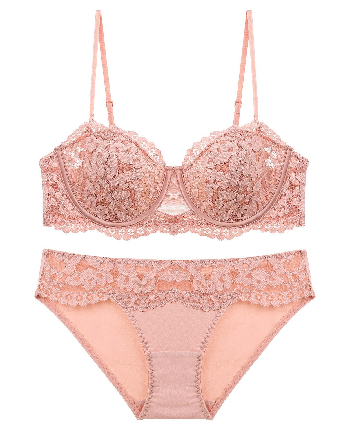 Darette Half Truth Half-Cup Set in Blush - product flat lay of the lace bra and matching briefs