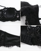 Detail collage of the Darette Half Truth Half-Cup Set - lace cup, hook-and-eye back closure and briefs waistband