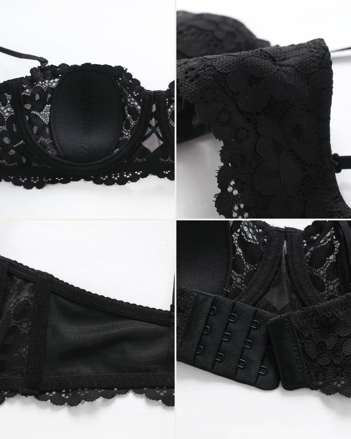 Detail collage of the Darette Half Truth Half-Cup Set - lace cup, hook-and-eye back closure and briefs waistband
