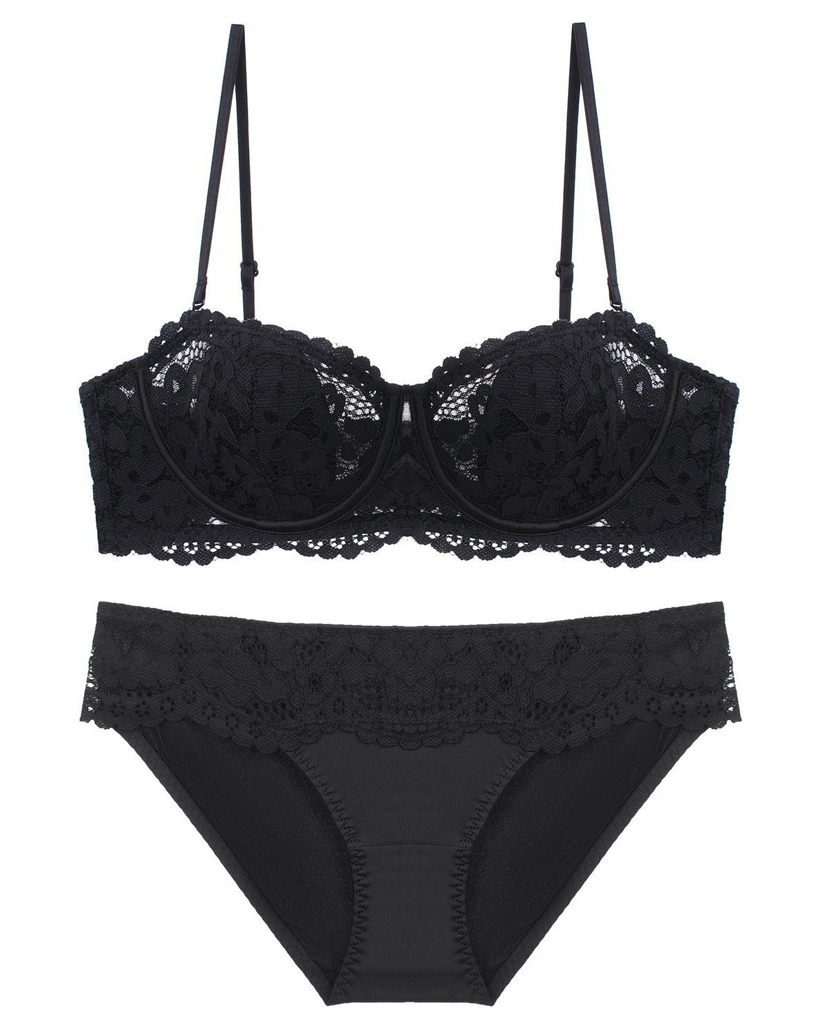Darette Half Truth Half-Cup Set in Noir - product flat lay of the lace bra and matching briefs