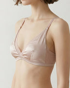 Close-up of the Darette Just Because Silk-Lace Set in Blush - satin triangle bra with scalloped lace trim