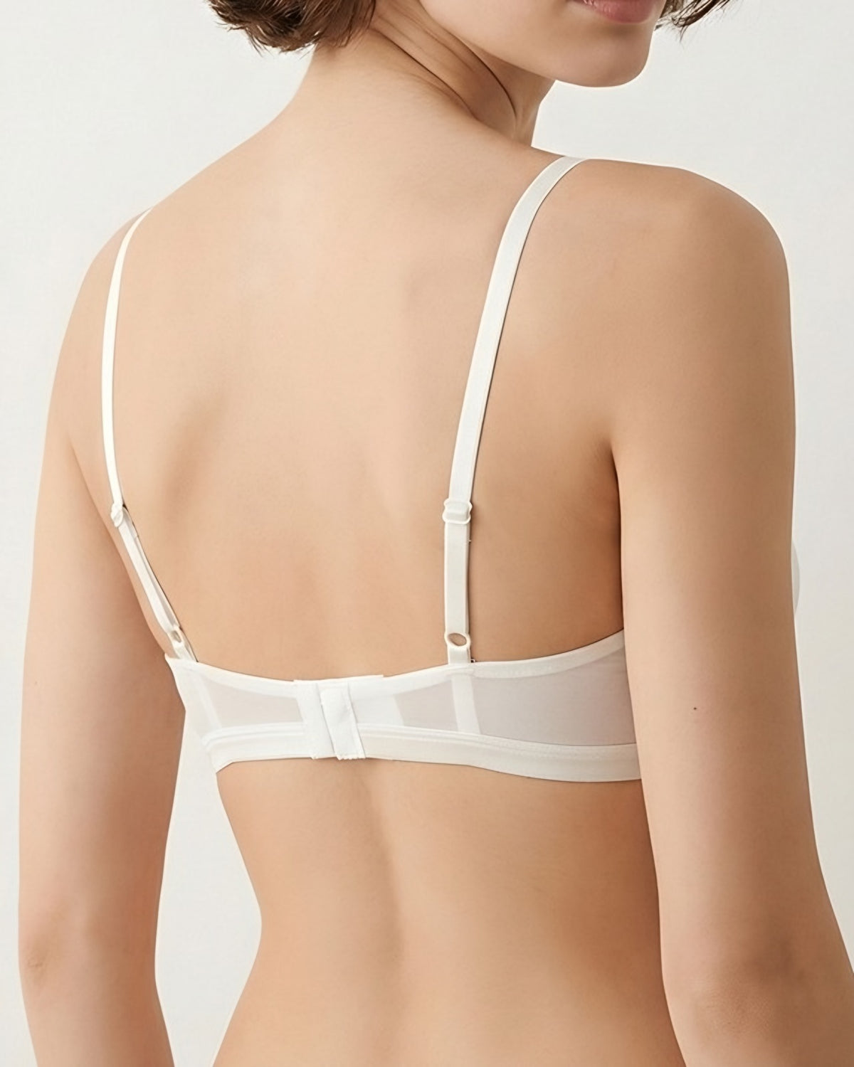 Back view of the Darette Just Because Silk-Lace Set in Ivory - adjustable straps and sheer mesh back panel