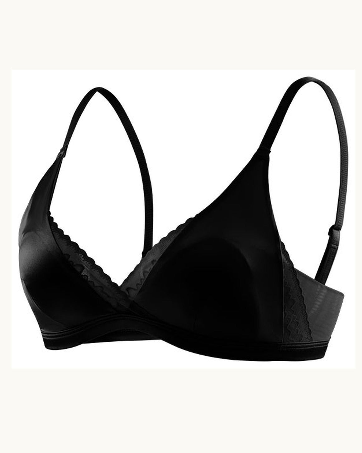 Darette Just Because Silk-Lace Set in Noir - satin triangle bra laid flat, front detail