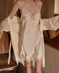 Darette Lash Line Lace Slip in Champagne - standing front view, pulling the matching robe open