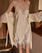 Darette Lash Line Lace Slip in Champagne - standing front view, pulling the matching robe open