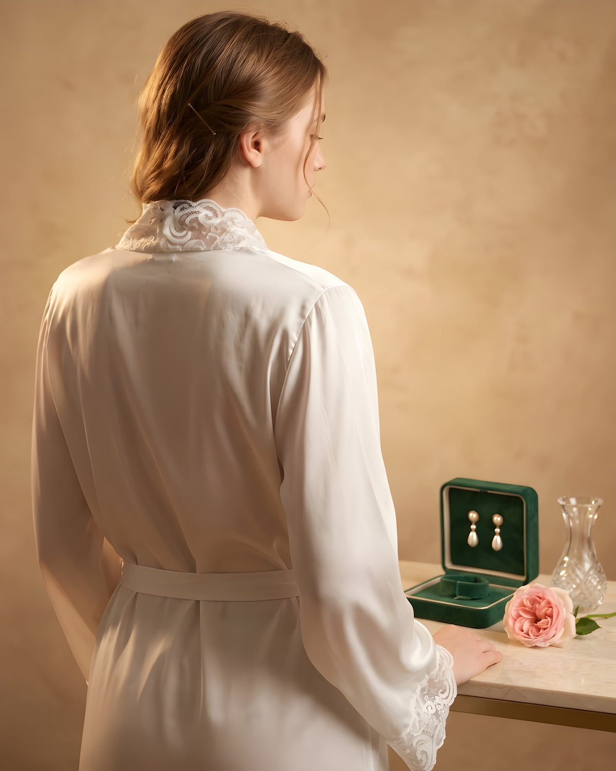 Back view of the Darette Late Start Robe in Ivory - satin robe draped open, styled with a jewelry box