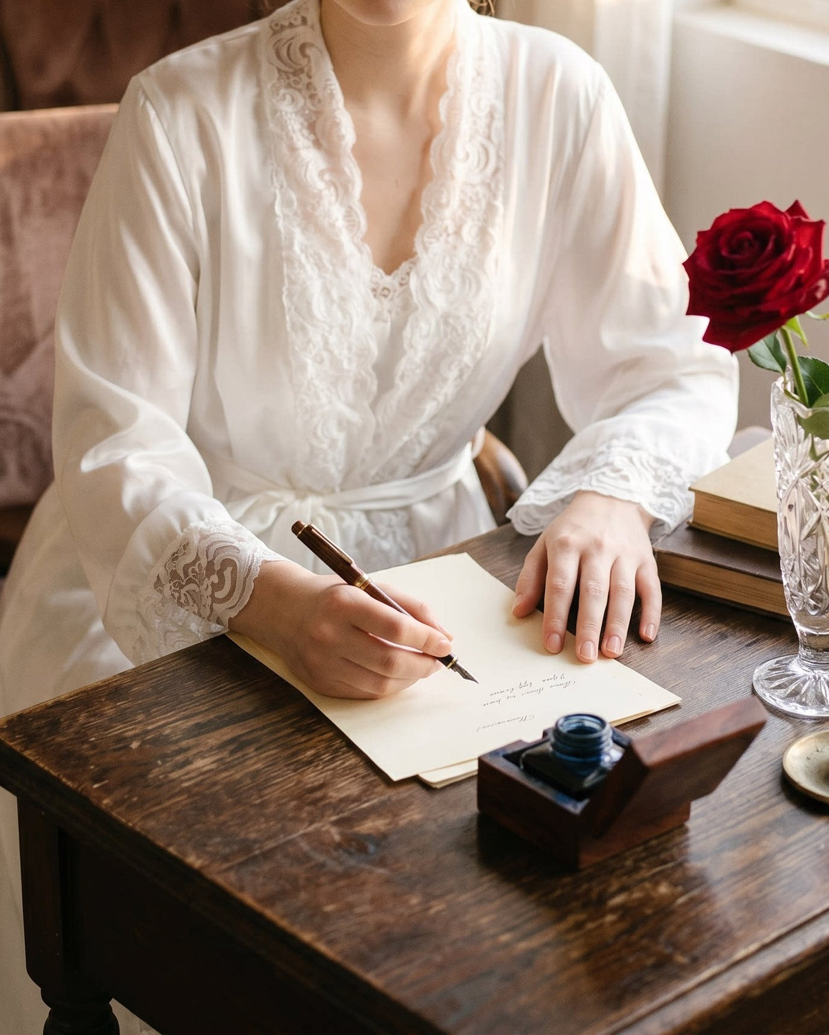 Darette Late Start Robe in Ivory - satin robe with lace trim, seated at a desk writing a letter