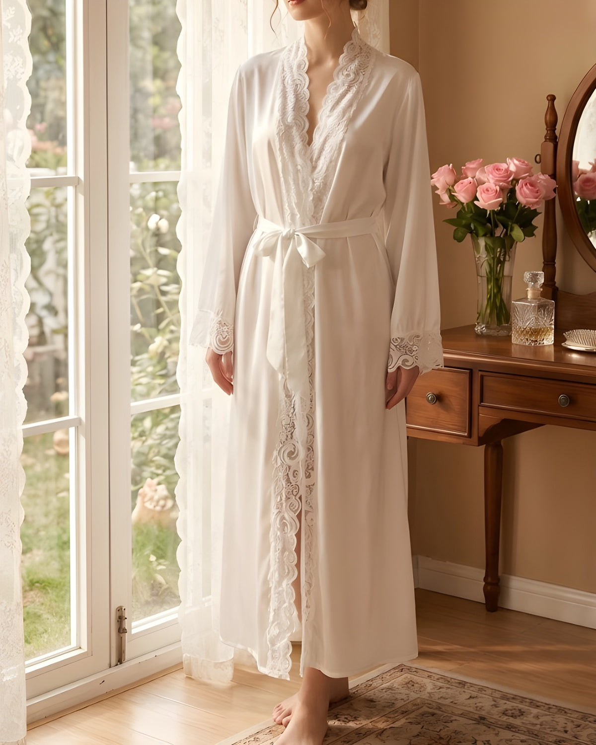 Darette Late Start Robe in Ivory - long satin robe with lace cuffs, front view beside a garden window