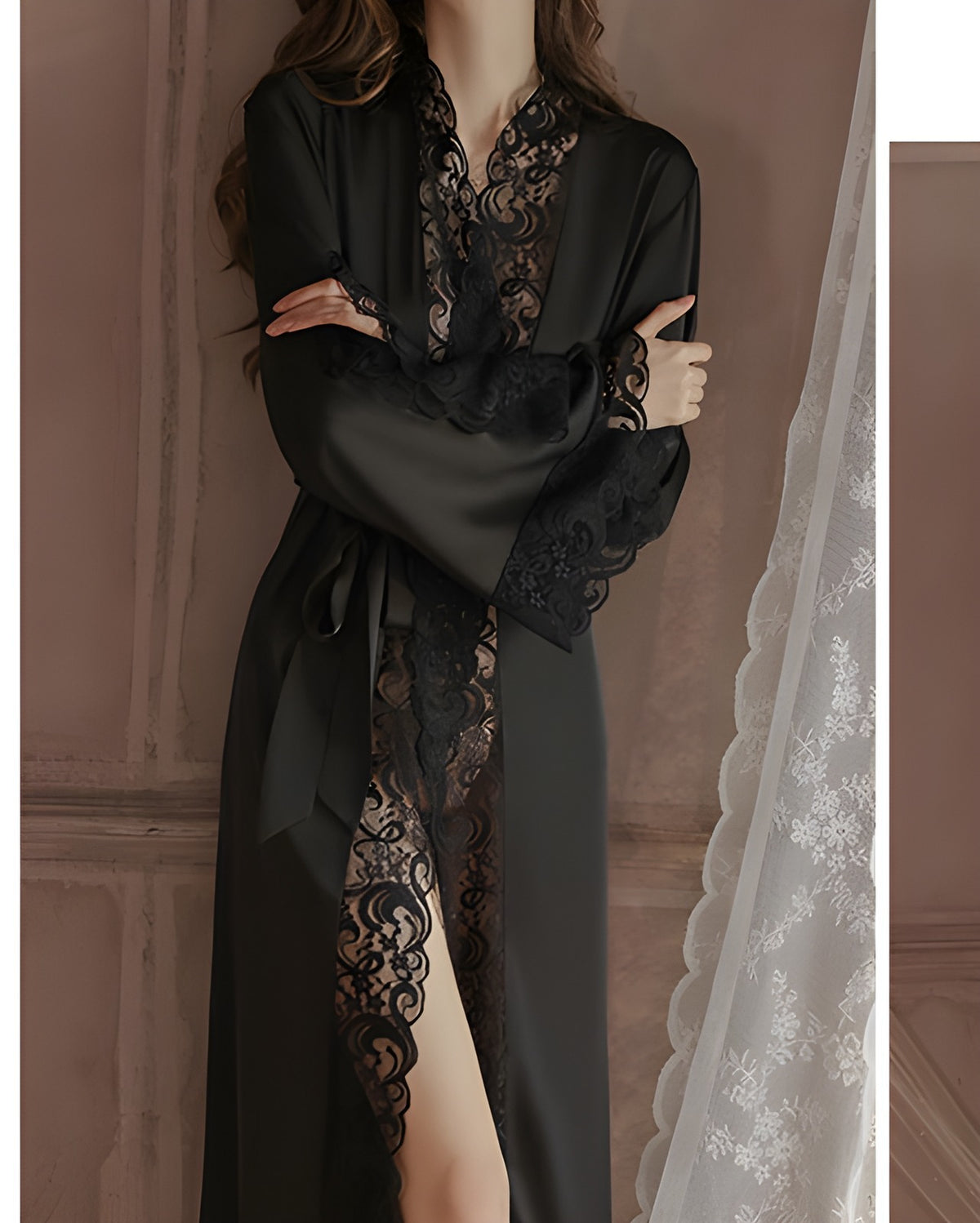 Close-up of the Darette Late Start Robe in Noir - lace trim and thigh-high slit detail