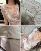 Detail collage of the Darette Long Story Slip in Mauve - lace neckline, satin drape and shoulder trim close-ups