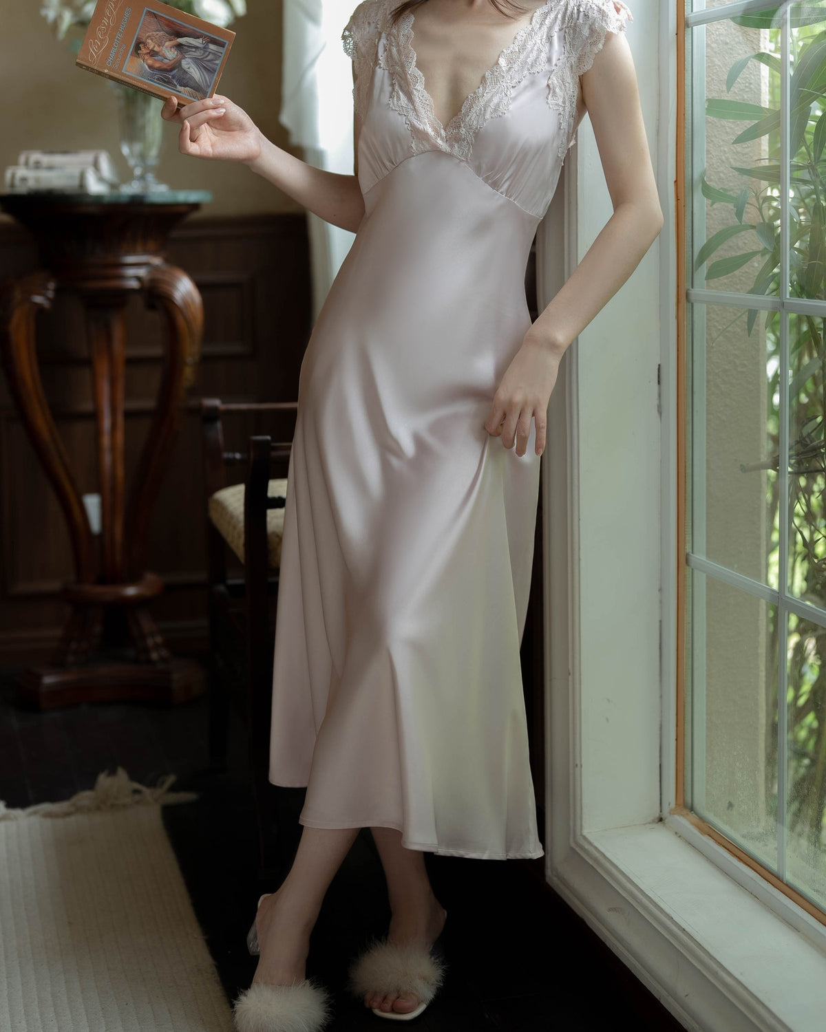 Darette Long Story Slip in Mauve - full-length front view standing near a sunlit window