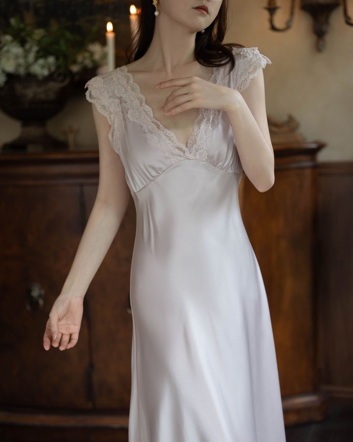 Darette Long Story Slip in Mauve - close front view of the lace-trimmed bodice and satin fabric