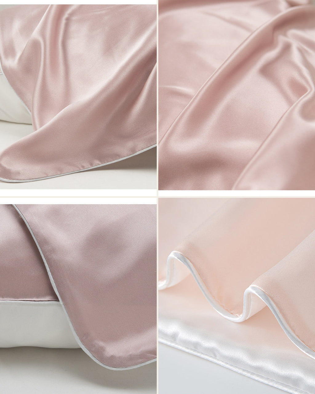 Detail collage of the Darette Night Shift Silk Pillowcase - draped fabric and folded corner in Blush and Mauve tones
