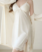 Darette Nightcap Set in Champagne - front view standing in the lace-trim satin slip with a matching robe