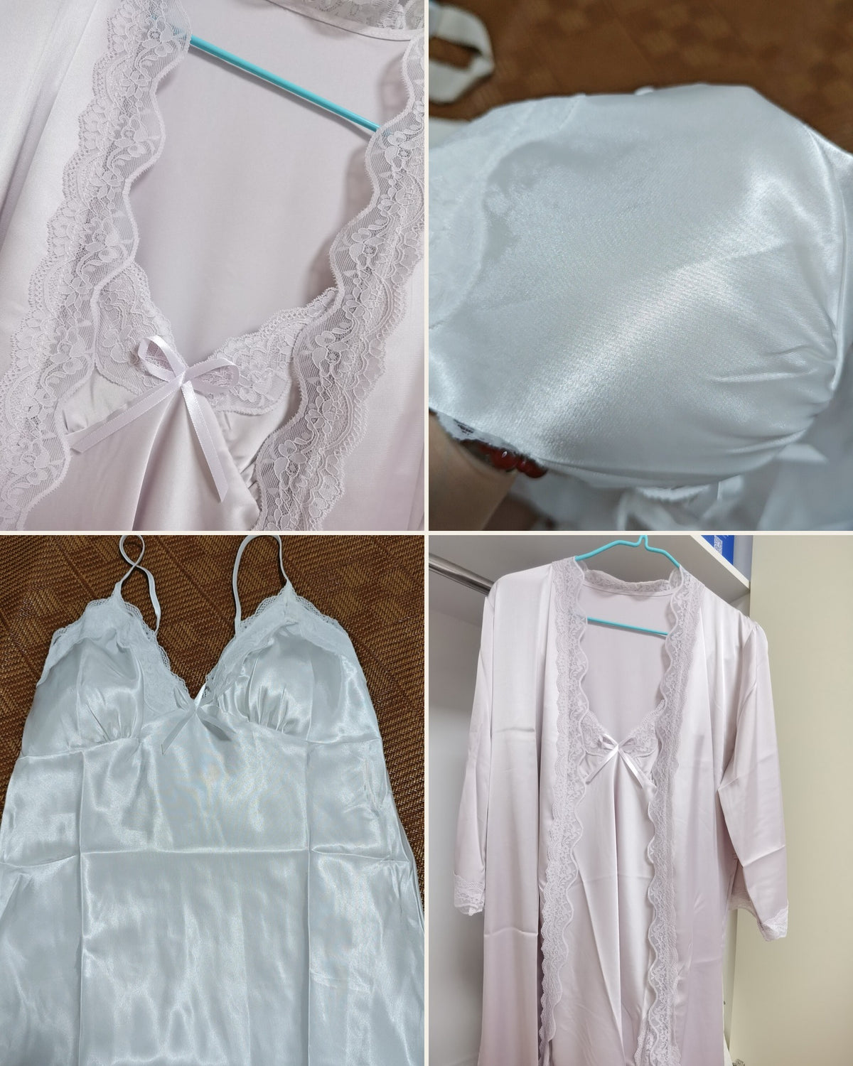 Darette Nightcap Set - close-up collage of the bow detail, fabric texture and flat-laid sets