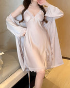 Darette Nightcap Set in Mauve - front view standing with a matching robe, hand raised to the face