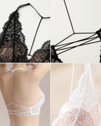 Flat lay details of the Darette Open Secret Halter Set - lace bra and strap construction in Noir and Ivory