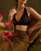 Darette Open Secret Halter Set in Noir - lace bra styled with an olive midi skirt