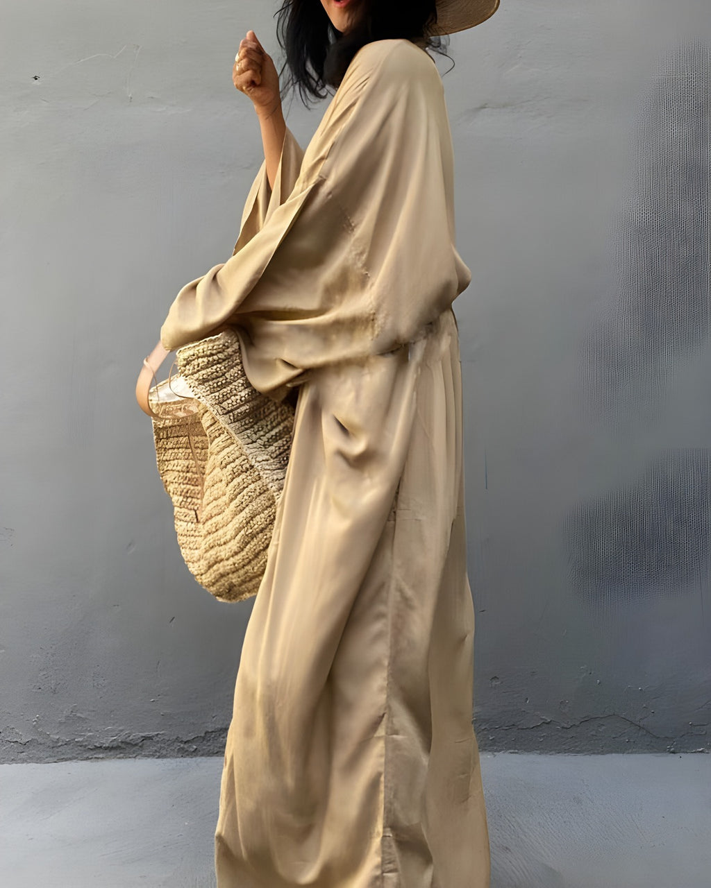 Darette Out of Office Cover-Up in Champagne - flowing kimono-style robe, side view with a woven tote
