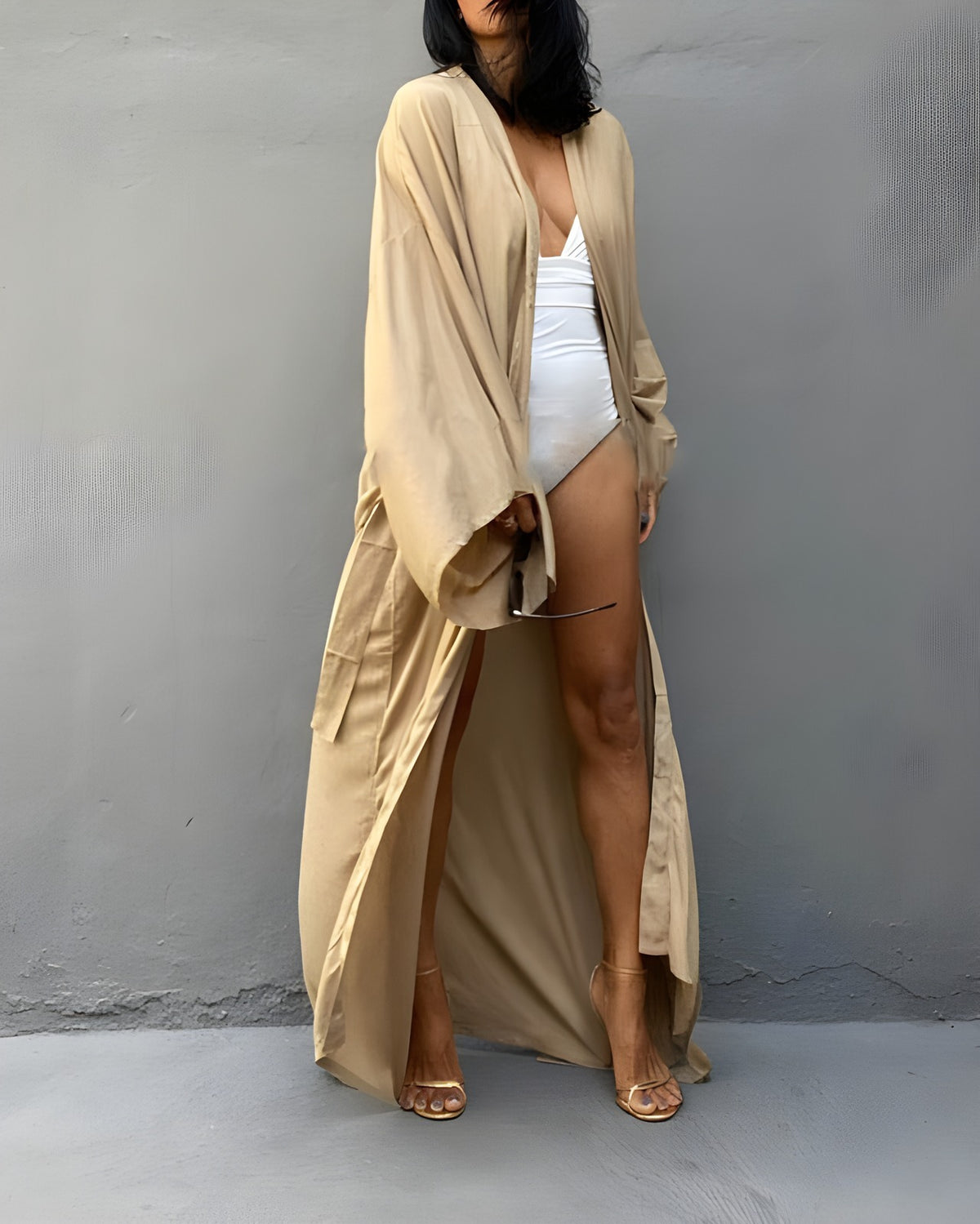Darette Out of Office Cover-Up in Champagne - robe worn open over a white swimsuit