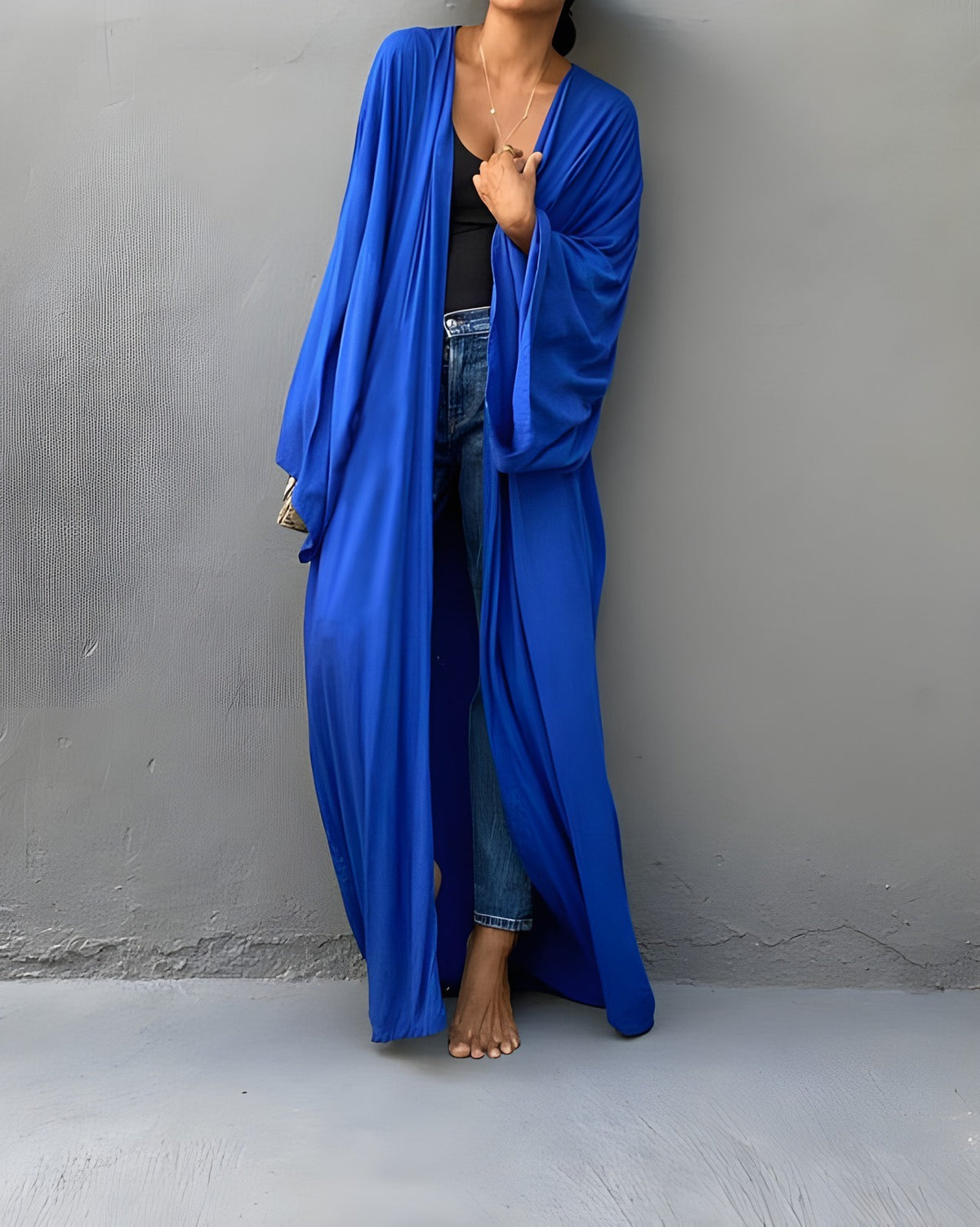 Darette Out of Office Cover-Up in Cobalt - kimono-style robe worn open over denim shorts