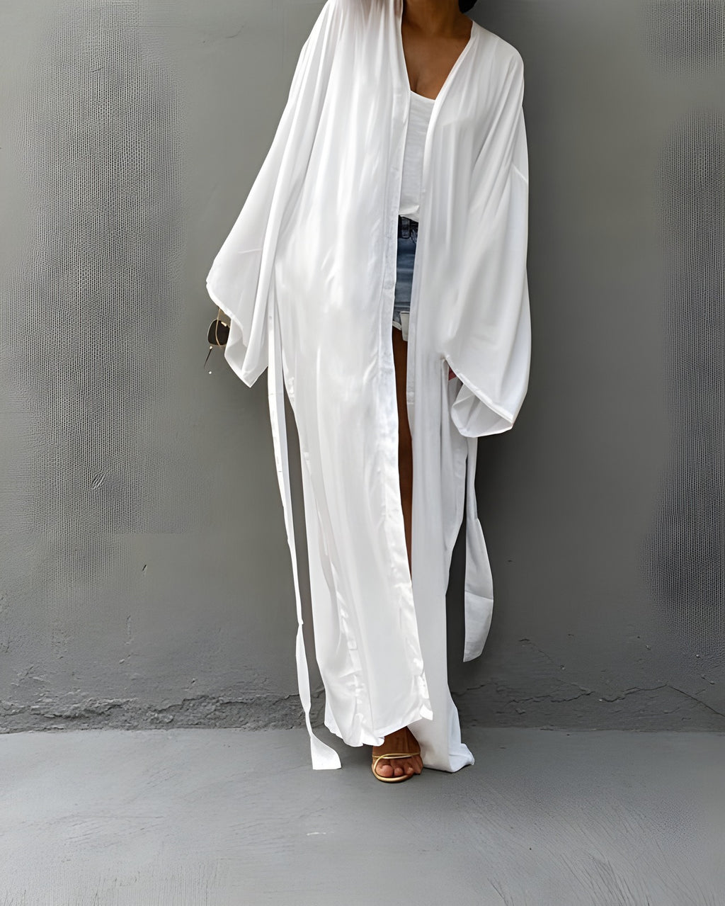 Darette Out of Office Cover-Up in Ivory - robe worn open and untied over denim shorts