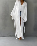 Darette Out of Office Cover-Up in Ivory - robe worn open and untied over denim shorts