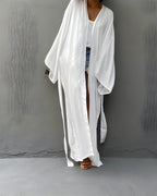 Darette Out of Office Cover-Up in Ivory - robe worn open and untied over denim shorts