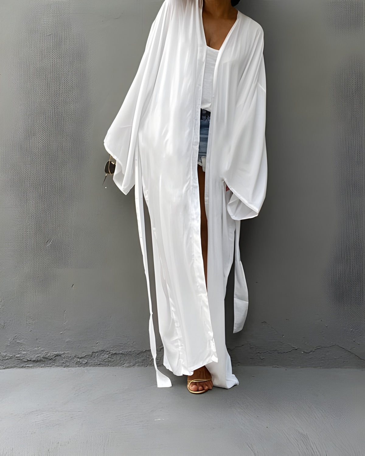 Darette Out of Office Cover-Up in Ivory - robe worn open and untied over denim shorts