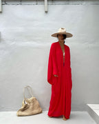 Darette Out of Office Cover-Up in Red - full-length robe styled with a wide-brim hat and woven tote
