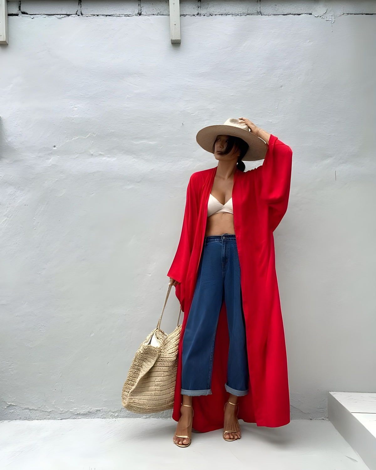 Darette Out of Office Cover-Up in Red - robe worn open over jeans, styled with a wide-brim hat