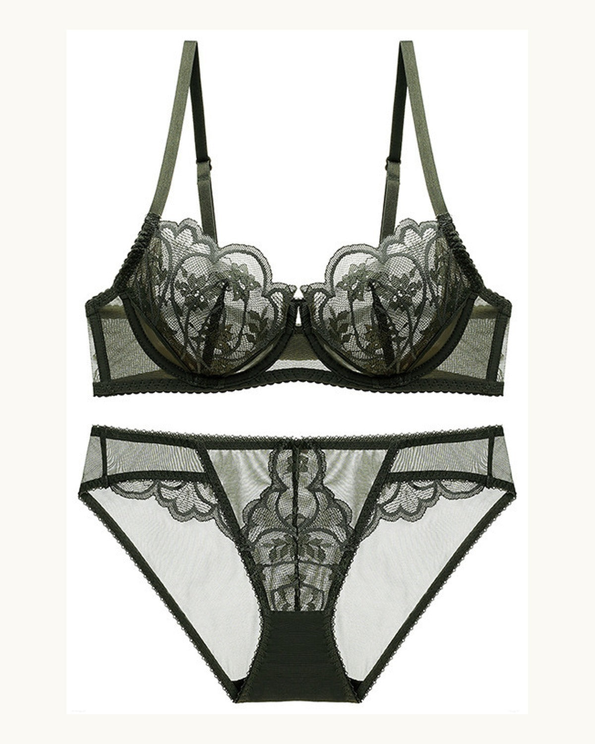 Darette Plain Sight Sheer Set in Moss - sheer lace bra and panty, flat product view