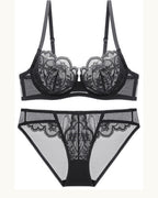 Darette Plain Sight Sheer Set in Noir - sheer lace bra and panty, flat product view